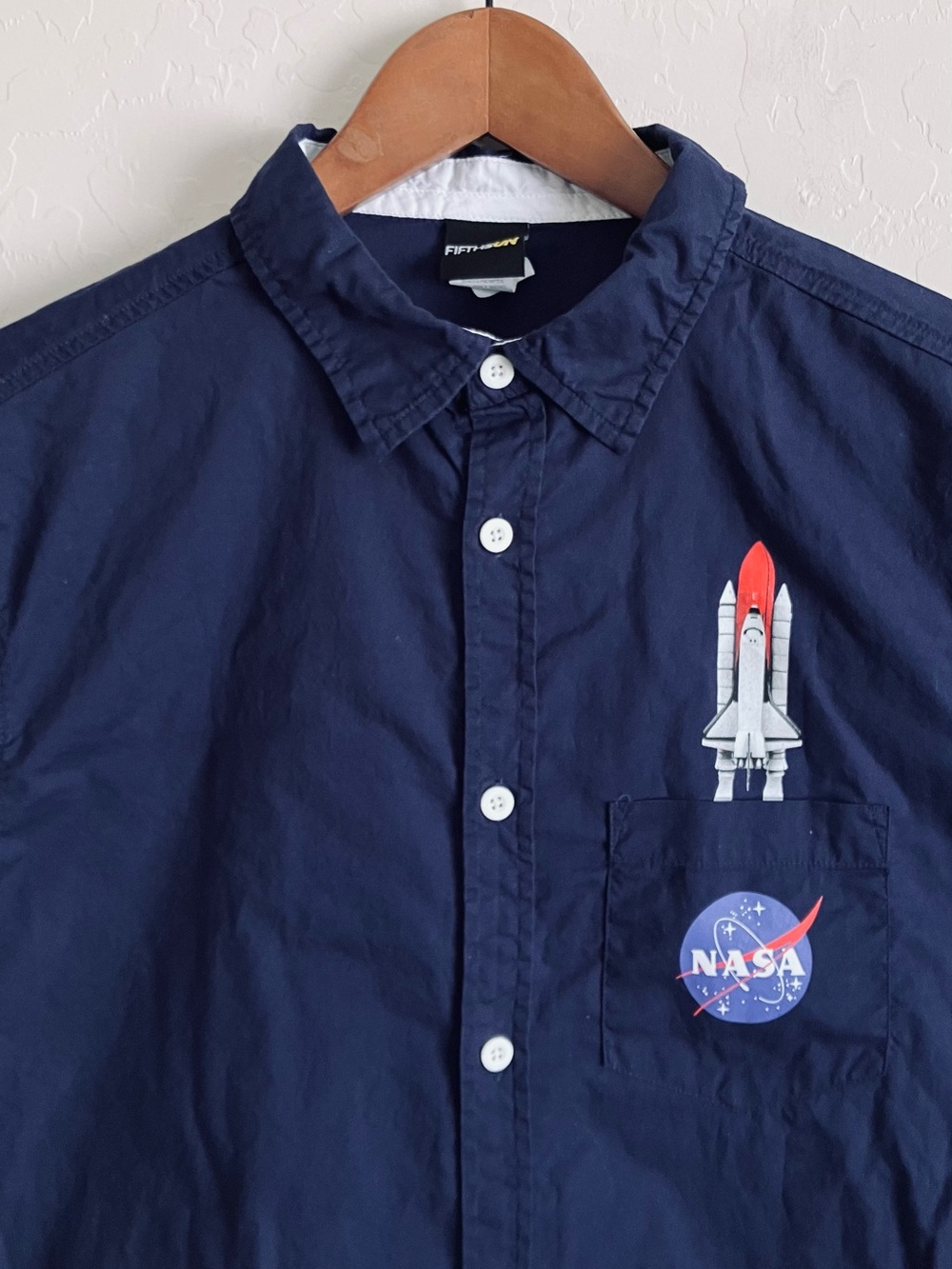NASA Shirt Mens L Fits M Blue Button Up Short Sleeve Space Shuttle Graphic